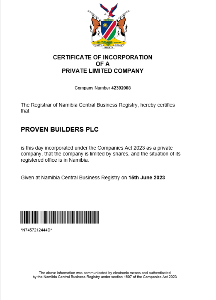 Namibia company registration certificate Word and PDF template